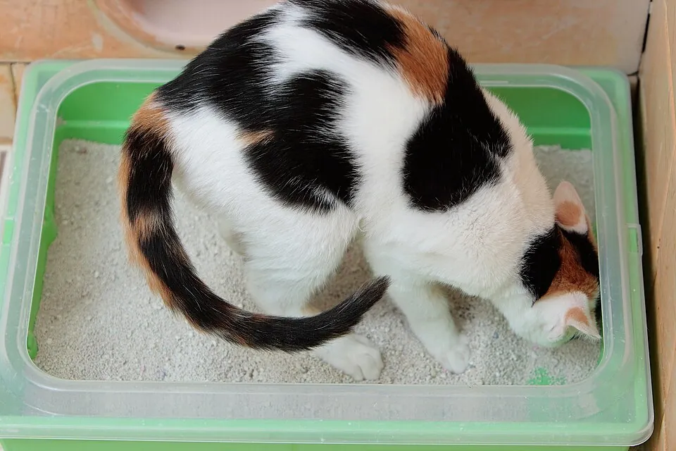 Calico kat gebruikt kattenbak met verse kattenbakvulling