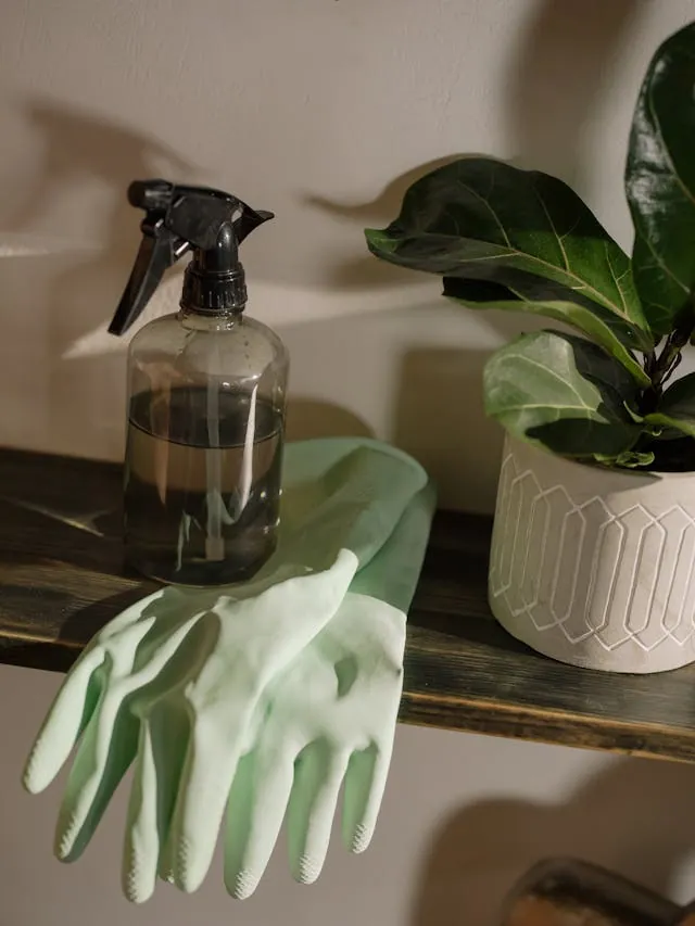 Schoonmaakhandschoenen en spray klaar om urinevlek te behandelen